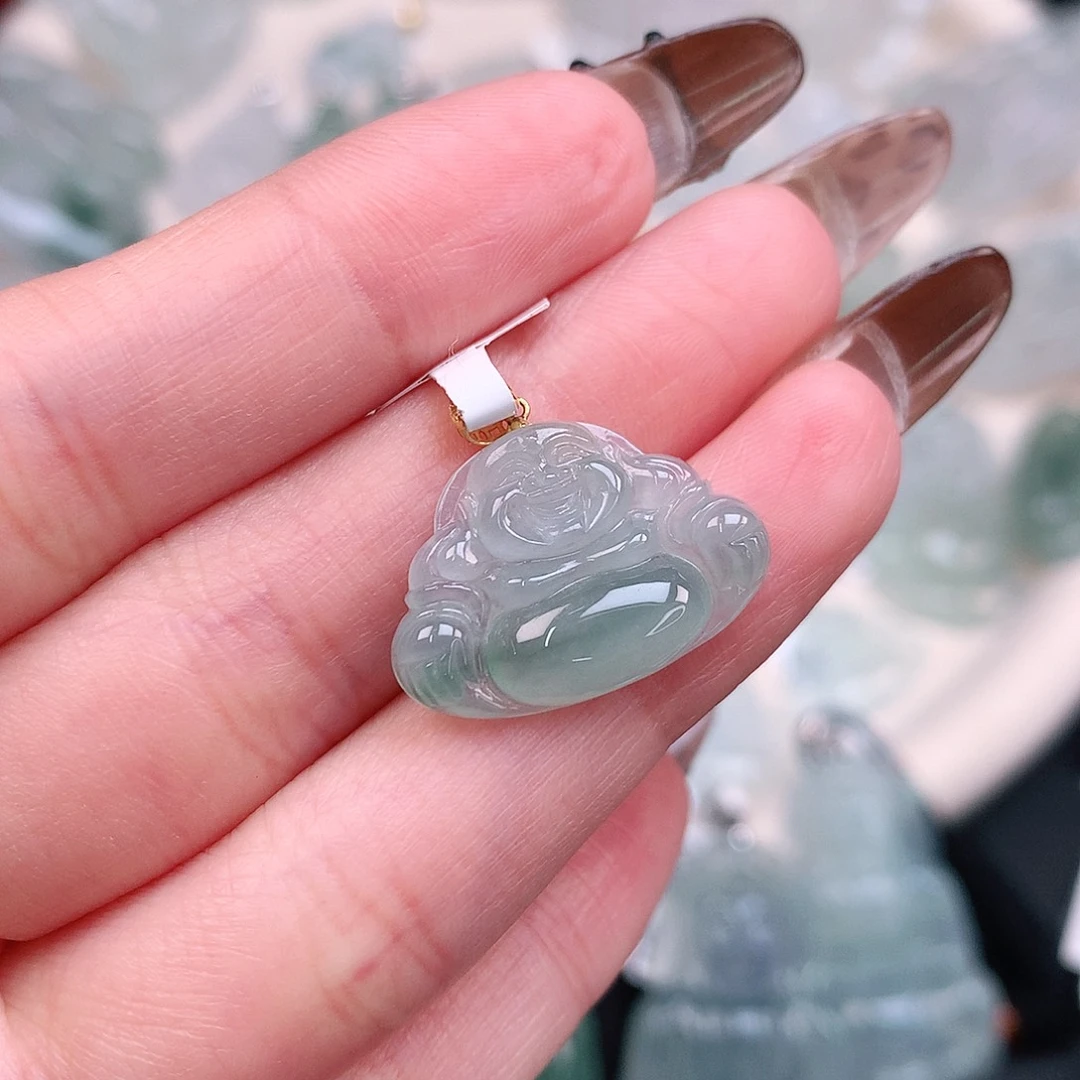 翡翠颈饰18K金镶嵌锁**，飘绿佛15、22、4.3