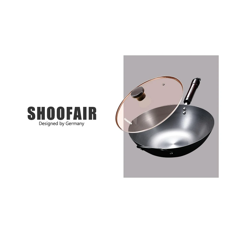 SHOOFAIR极铁锅带钢化玻璃盖带铲子不粘锅无涂层氮化铸铁锅