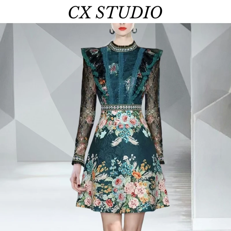 法式小香风蕾丝连衣裙2025春新款刺绣钉珠收腰显瘦短裙S9506