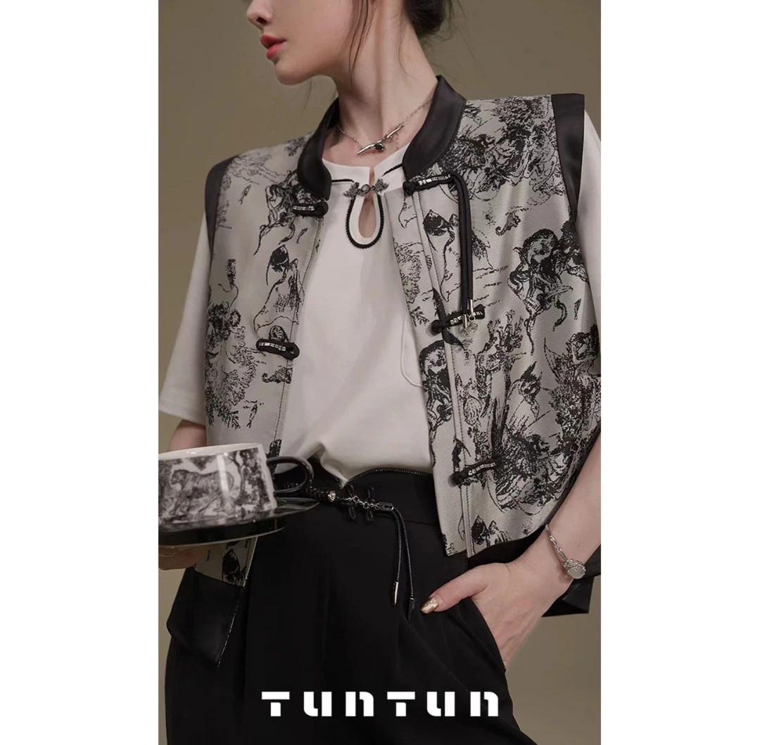 小众设计 【山居赋】东方意境 气质双色水墨提花新中式马甲