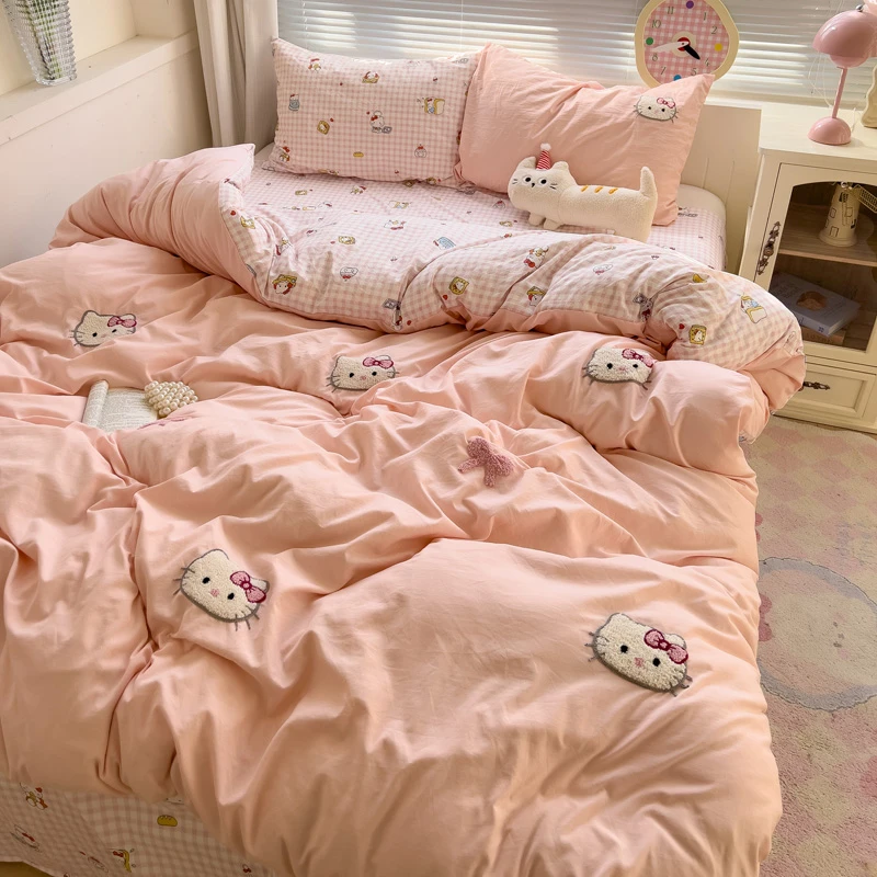 可爱甜猫水洗棉毛巾绣床上四件套春夏床单被套学生宿舍三件套床品