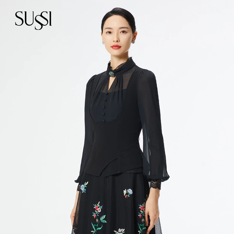 SUSSI/古色新品商场同款黑色圆领装饰扣长袖上衣