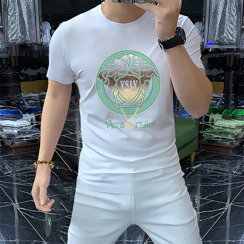 欧货夏季短袖潮流T恤男士丝光棉半袖个性烫钻时尚圆领修身印花t恤