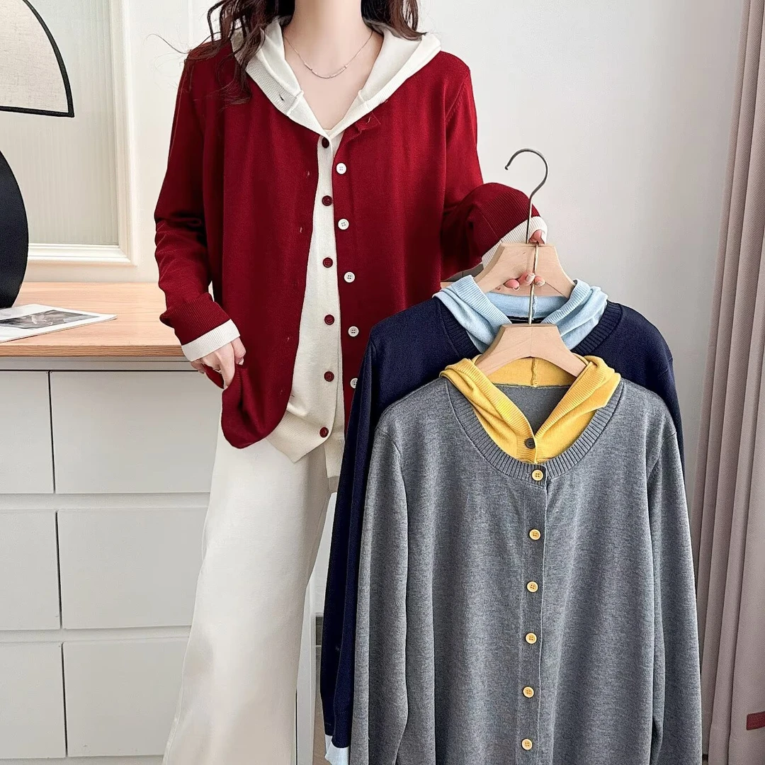 110-210斤大码女装 胖mm妈妈春秋宽松遮肚腩假两件连帽针织衫上衣