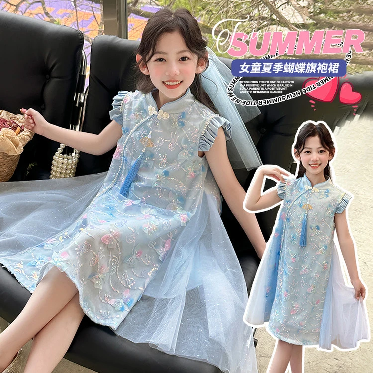 新款夏季女童蝴蝶旗袍裙时尚百搭公主连衣裙出游必备