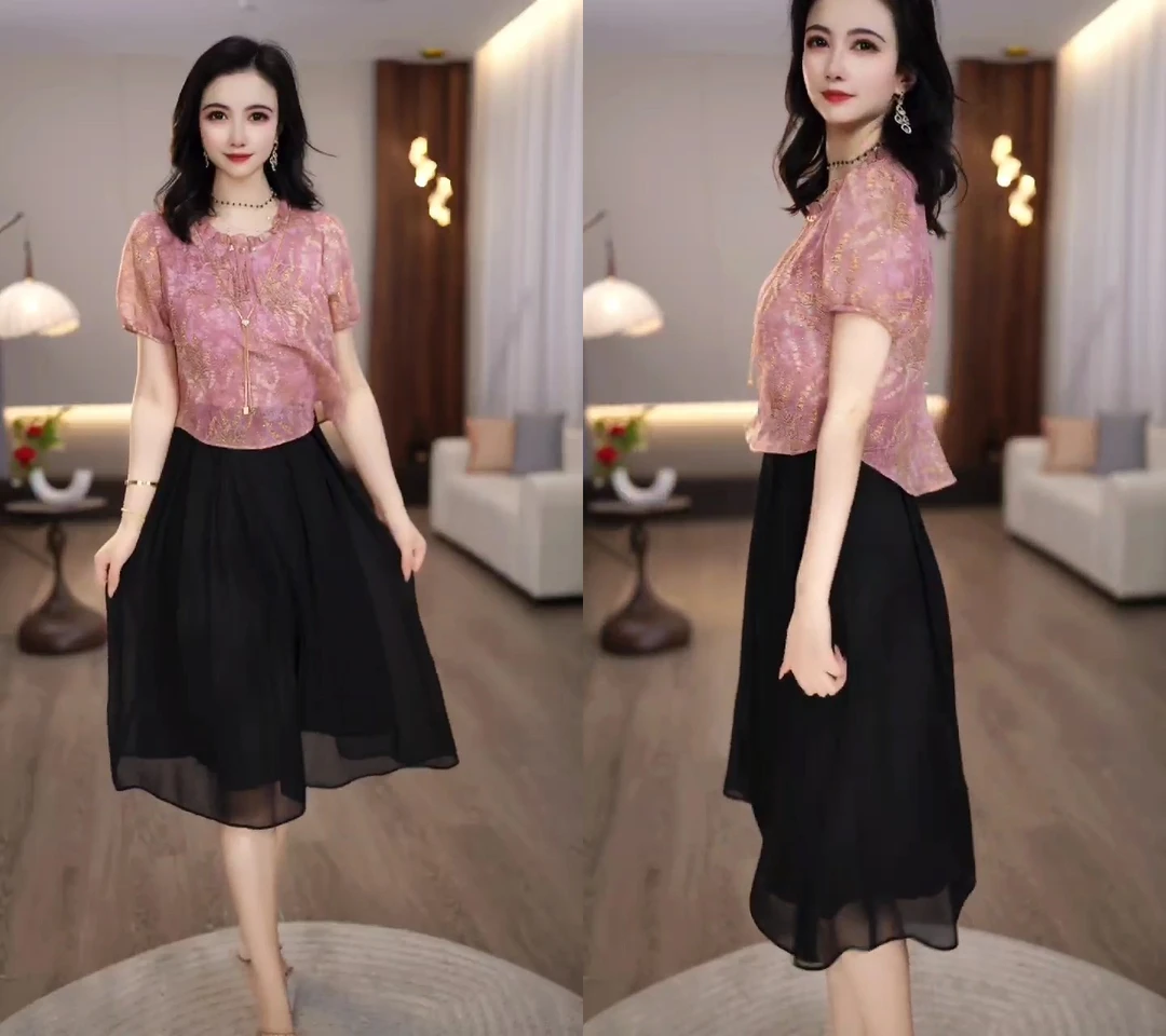 2025夏款粉色花纹柔纱质感小衫黑色半裙假两件连衣裙M-4XL