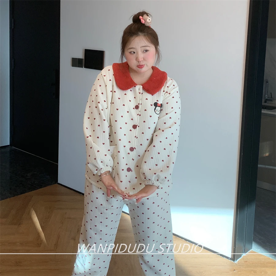 大码胖MM200斤秋冬长袖长裤空气棉夹层心心米妮波点保暖睡衣