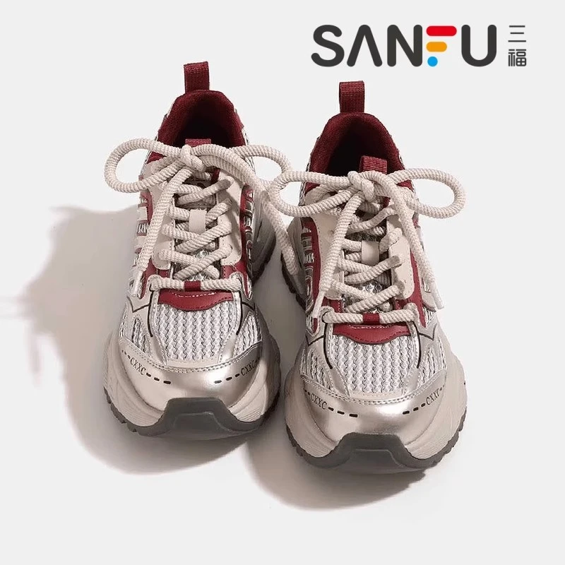 三福爆款厚底老爹鞋女2025早春款韩版百搭透气休闲舒适运动跑步鞋