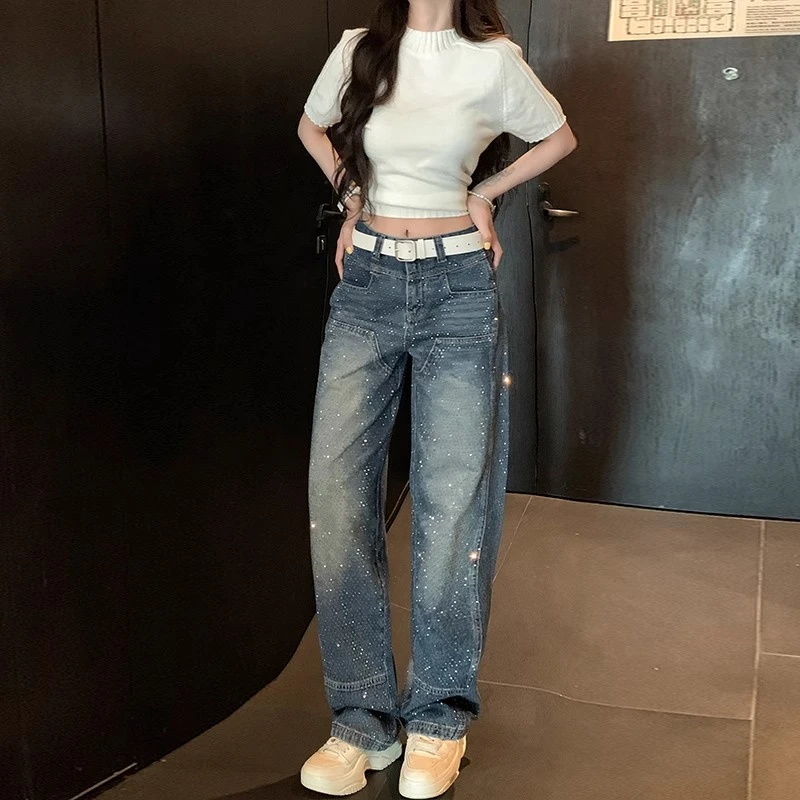 Aimeerosa/艾洛莎春夏潮流百搭设计感阔腿裤细闪重工烫钻牛仔裤女