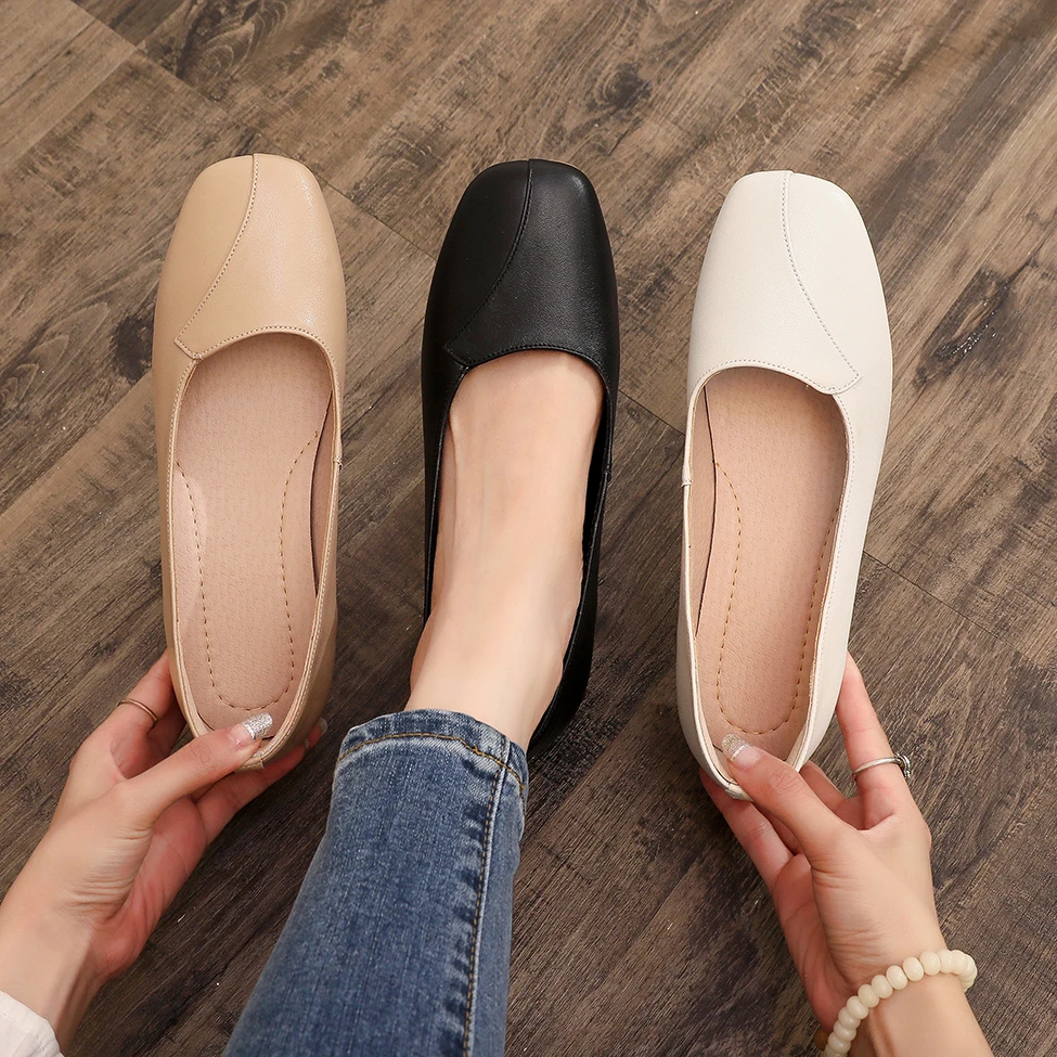 真皮方头单鞋2025粗跟鞋新款法式皮鞋通勤脚蹬软底百搭大码女鞋