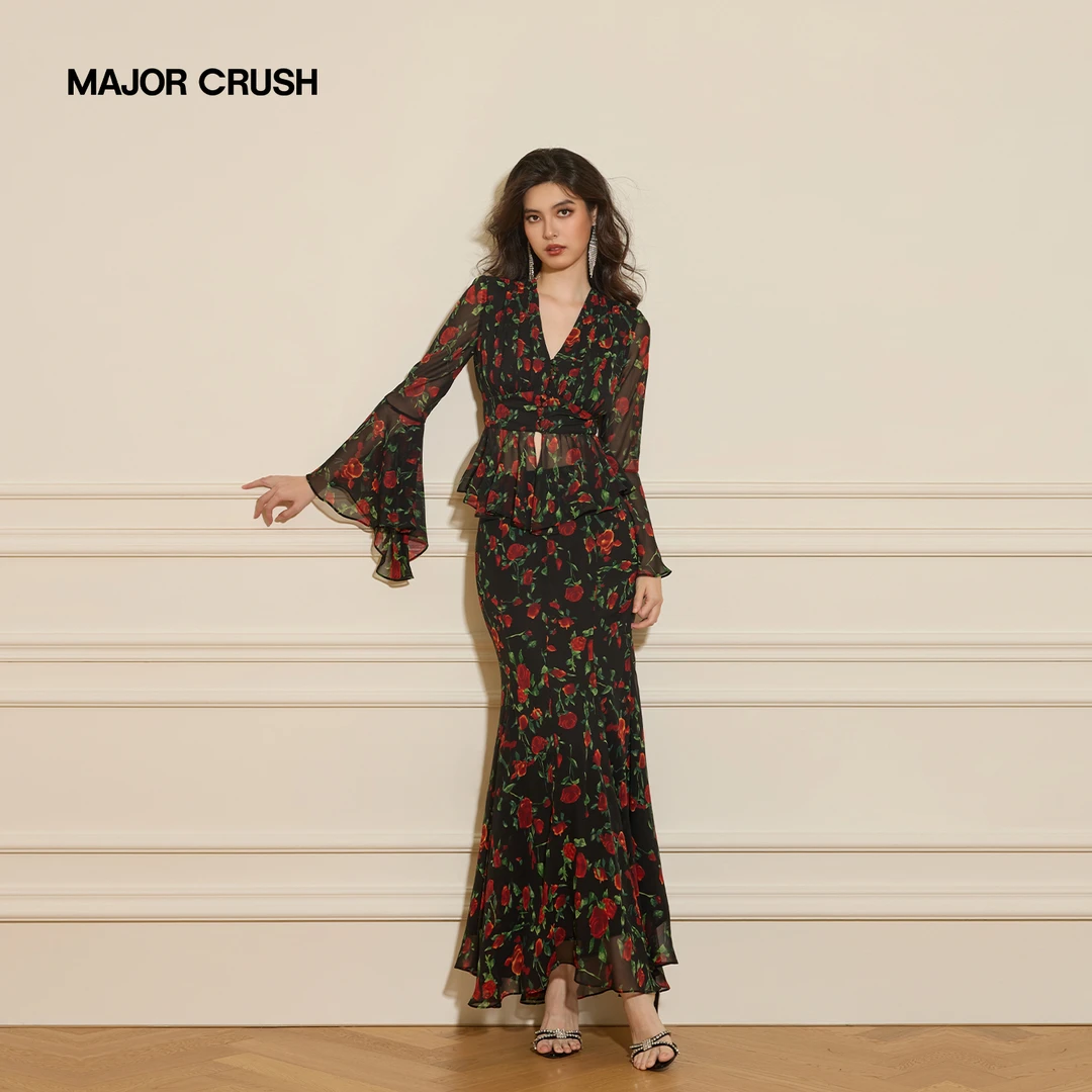 MAJOR CRUSH秋新款复古碎花优雅玫瑰心事气质套装72939