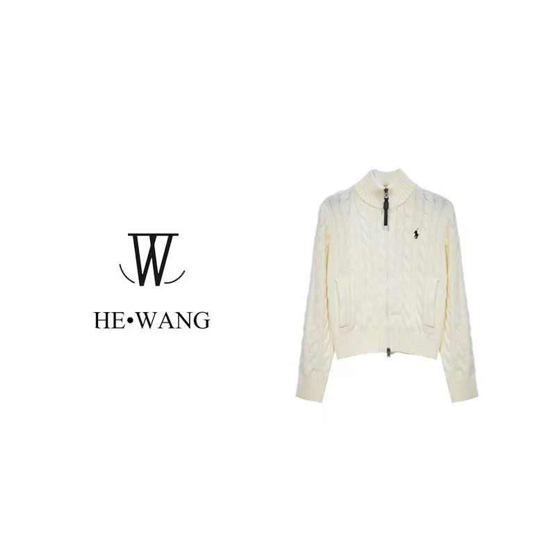 HW 拉夫轻奢白色开衫菱格纹气质显瘦时尚毛针织衫-2512