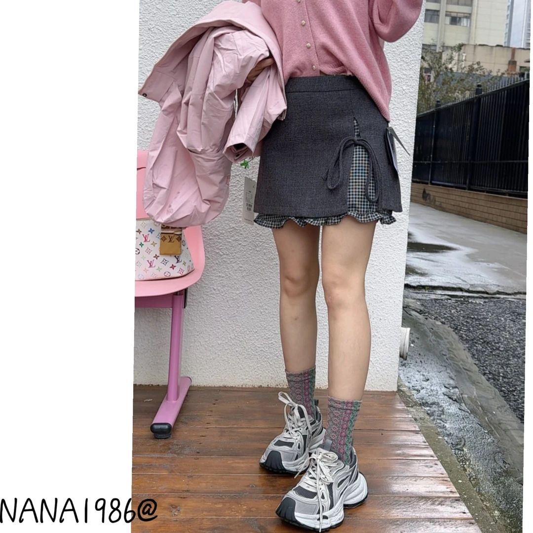 NANA家显瘦百搭格子蝴蝶结短裙 @