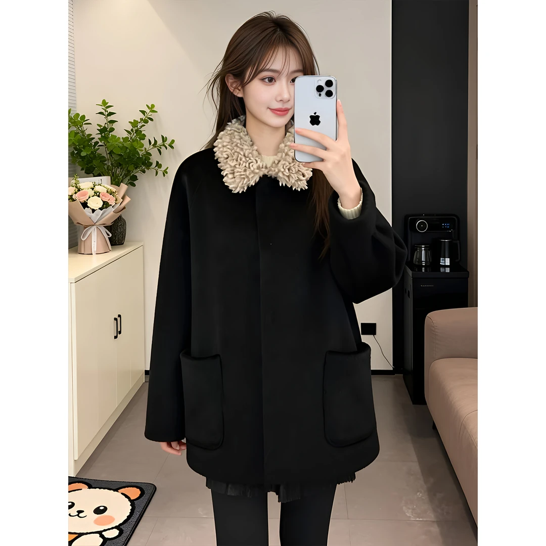 温柔风法式撞色加厚保暖短外套女2025冬季新款宽松时尚气质短外套