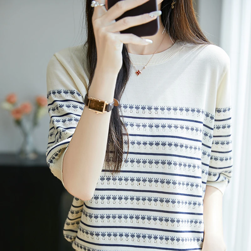 欧洲站新款休闲撞色莱赛尔短袖t恤女夏季新款打底衫洋气针织上衣