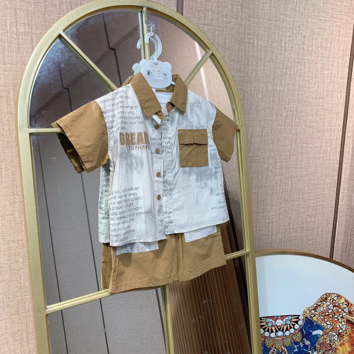 AC285  宝宝白色T恤短袖衬衣卡其色短裤三件套