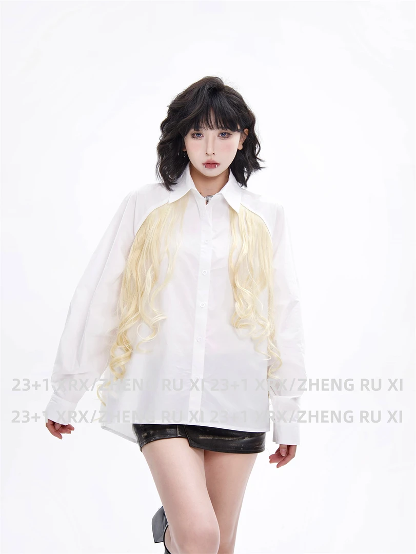 付新博女装拼接假发设计感衬衫女创意时尚小众宽松休闲衬衣13724