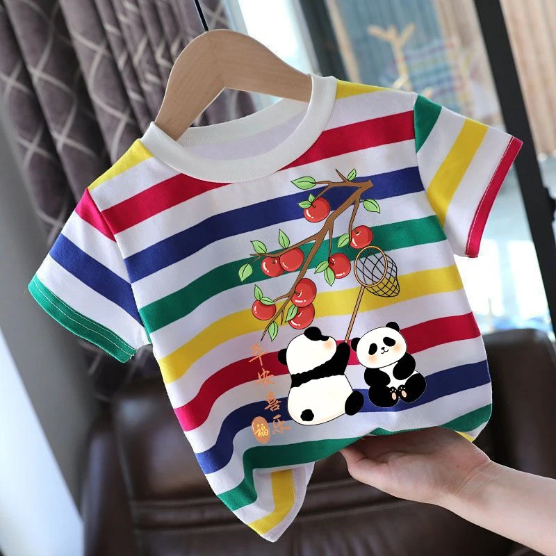 100%纯棉童装男童短袖T恤夏装2025新款帅气炸街彩虹条纹半袖上衣