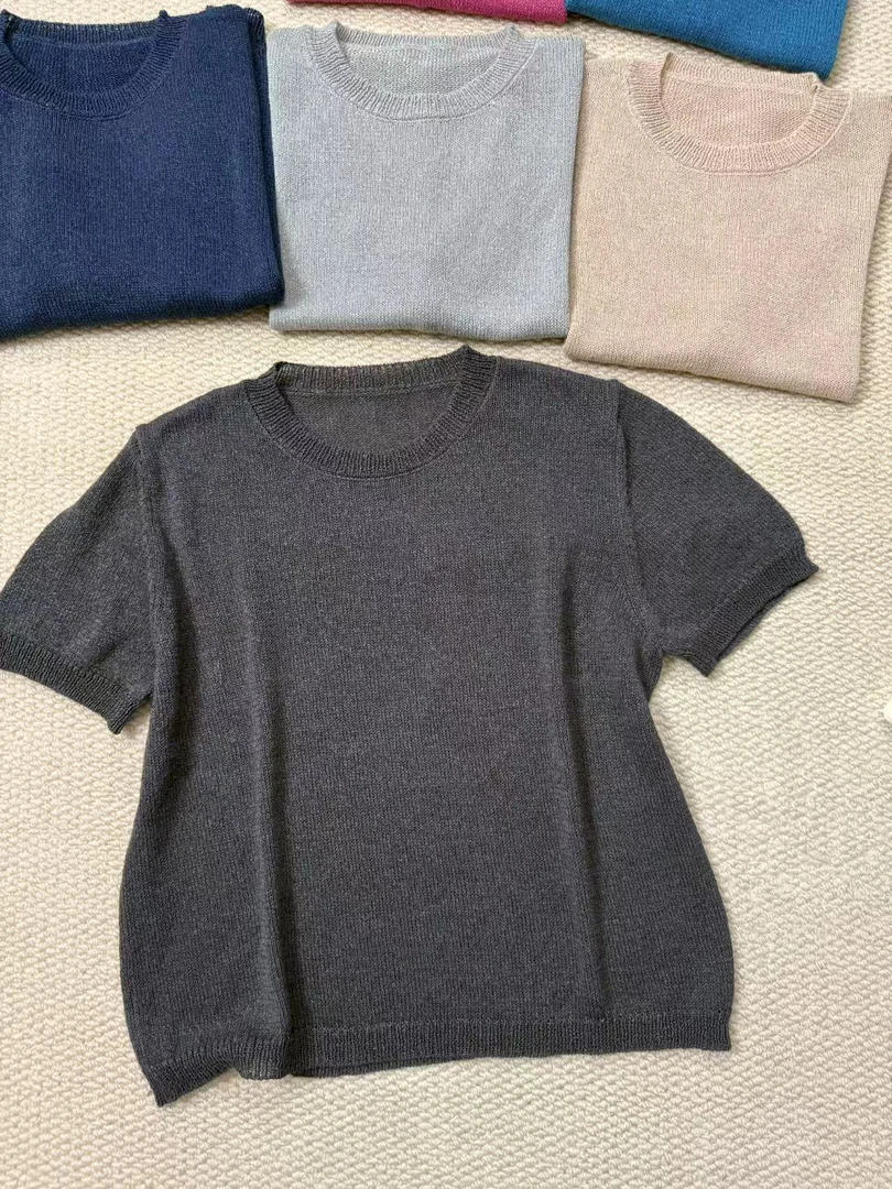 瑾宸服饰  进口和纸纱 慵懒简约干爽透气 圆领宽松显瘦短袖针织衫