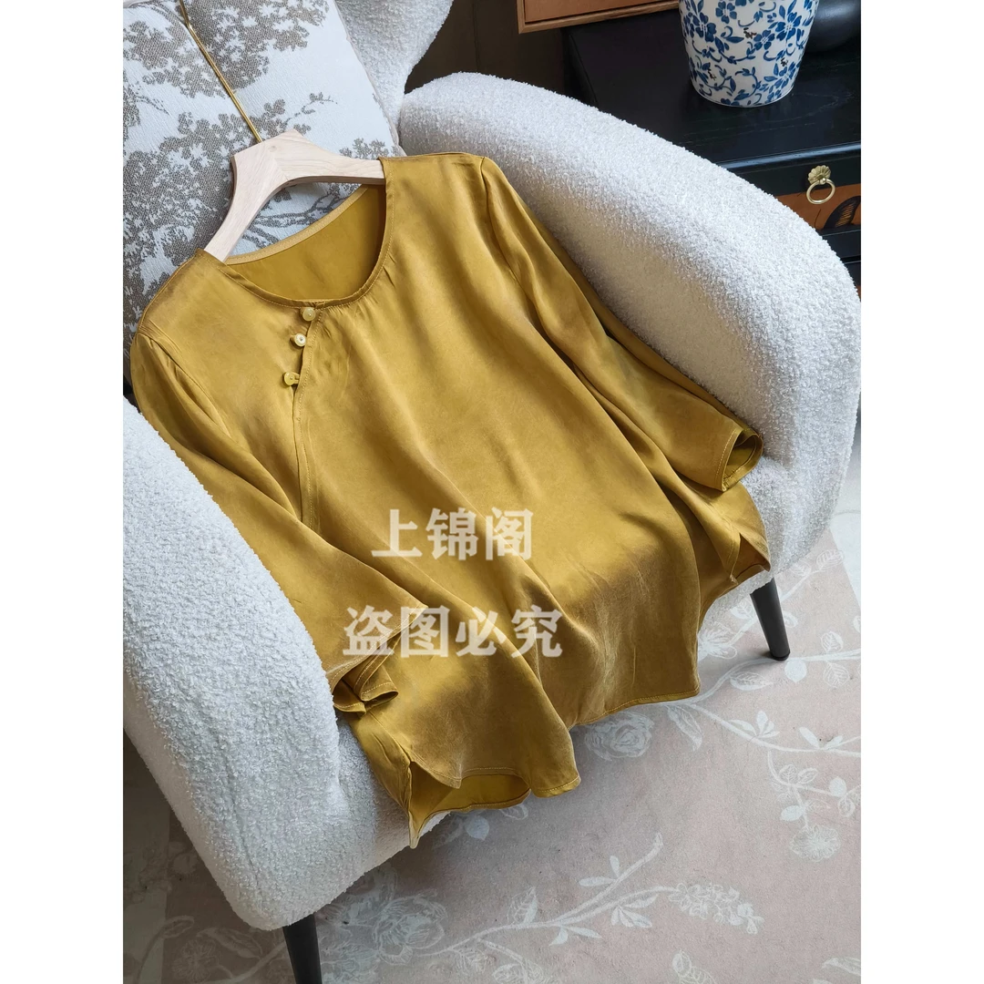 592新中式圆领斜襟侧开叉纯色上衣夏季复古宽松黄色中国风女装