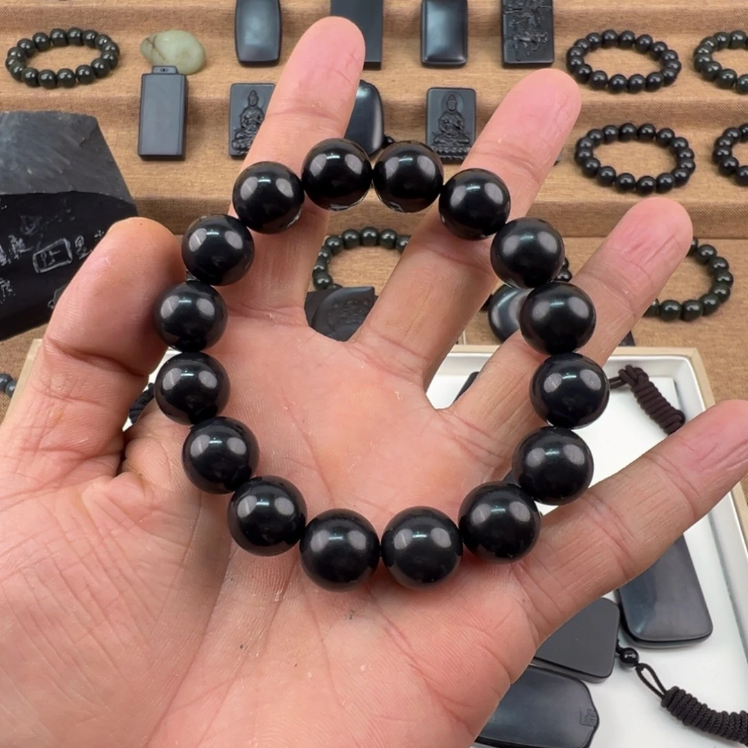 和田玉（墨玉）未镶嵌手链墨玉14圆珠手串