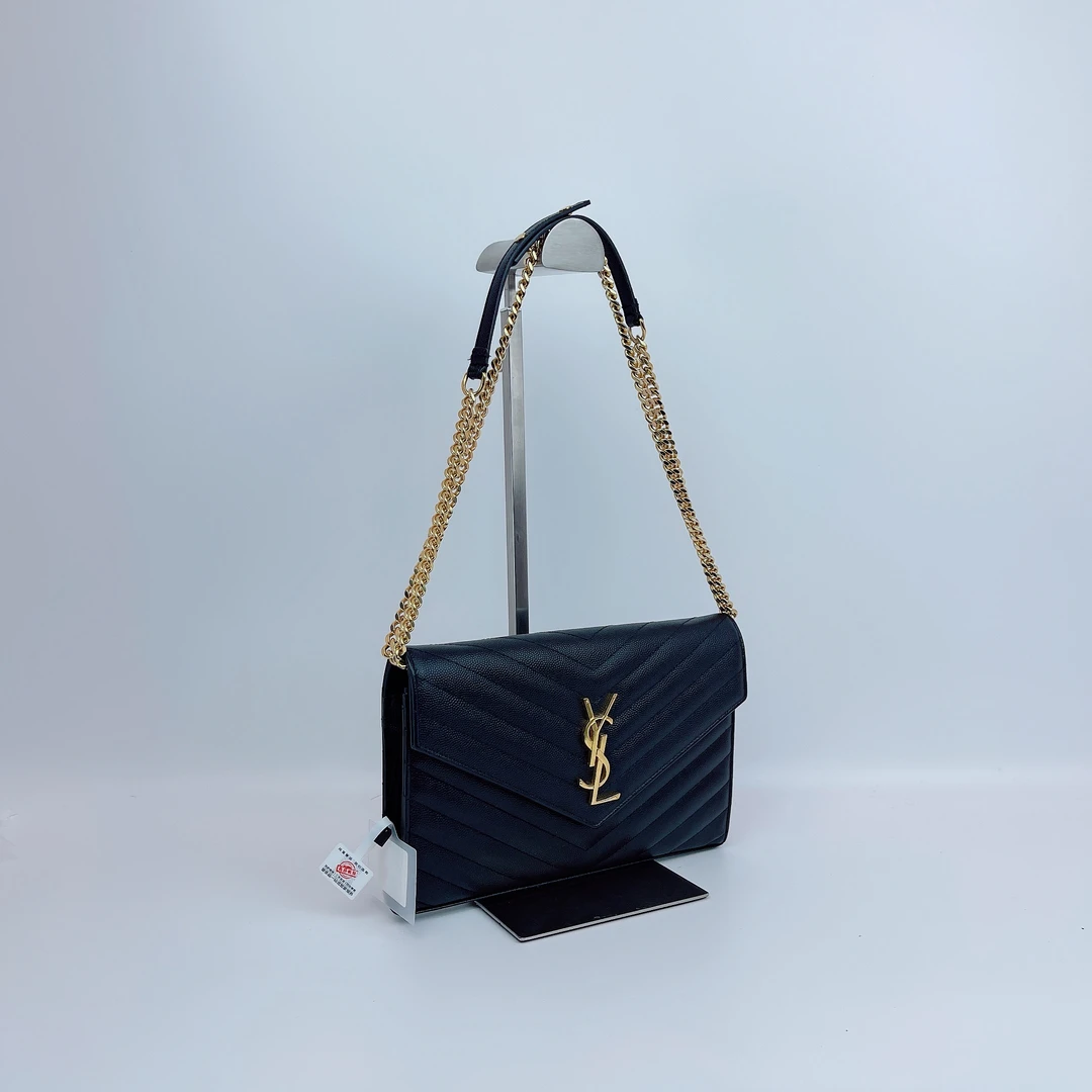 95新 YSL/圣罗兰 圣罗兰黑色金链牛皮信封包底长22 B582