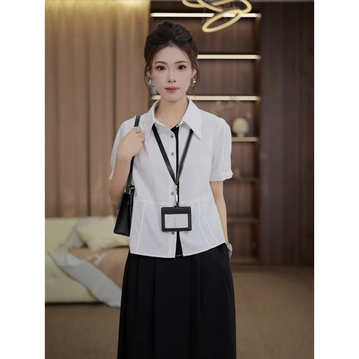 TITI定制【暗恋情书】轻奢气质拼色条纹显瘦百搭短袖衬衫TL3903527