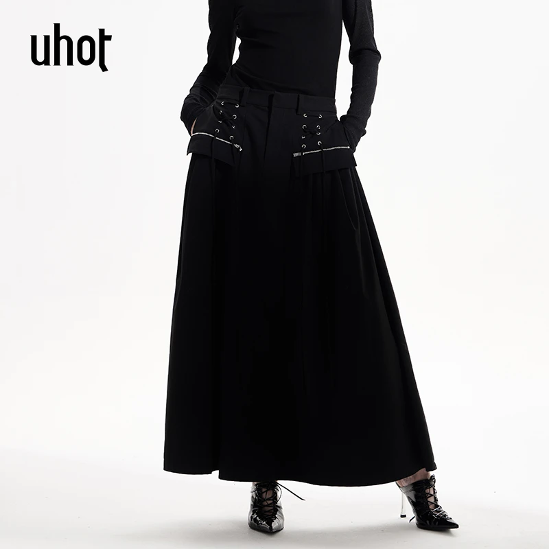 uhot 黑色气质A摆长款半身裙机眼绑带设计2025春夏新款 UWWS2Q357