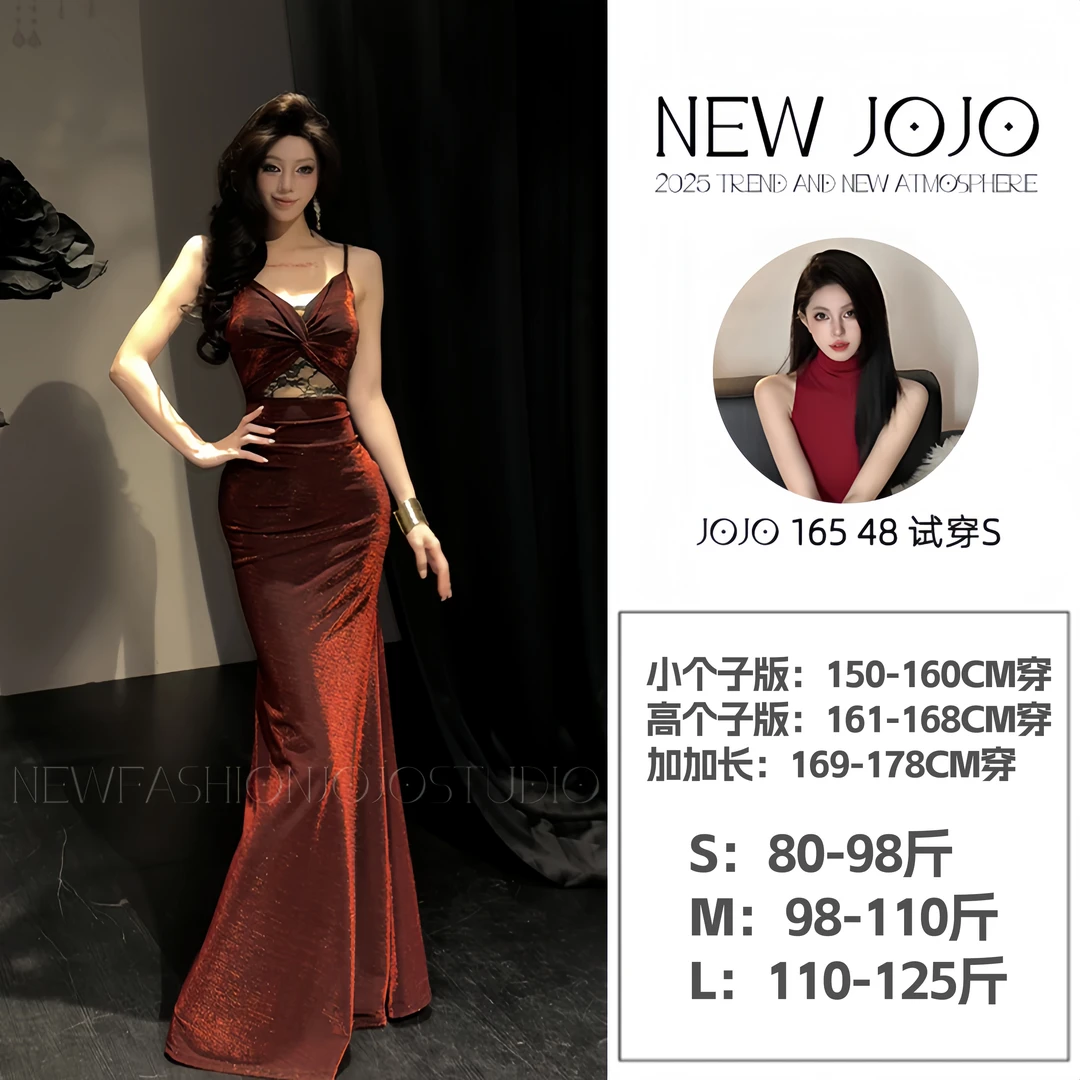 g5/F127 0810【大饼】【150-178CM】复古红吊带高弹收腰性感连衣裙女