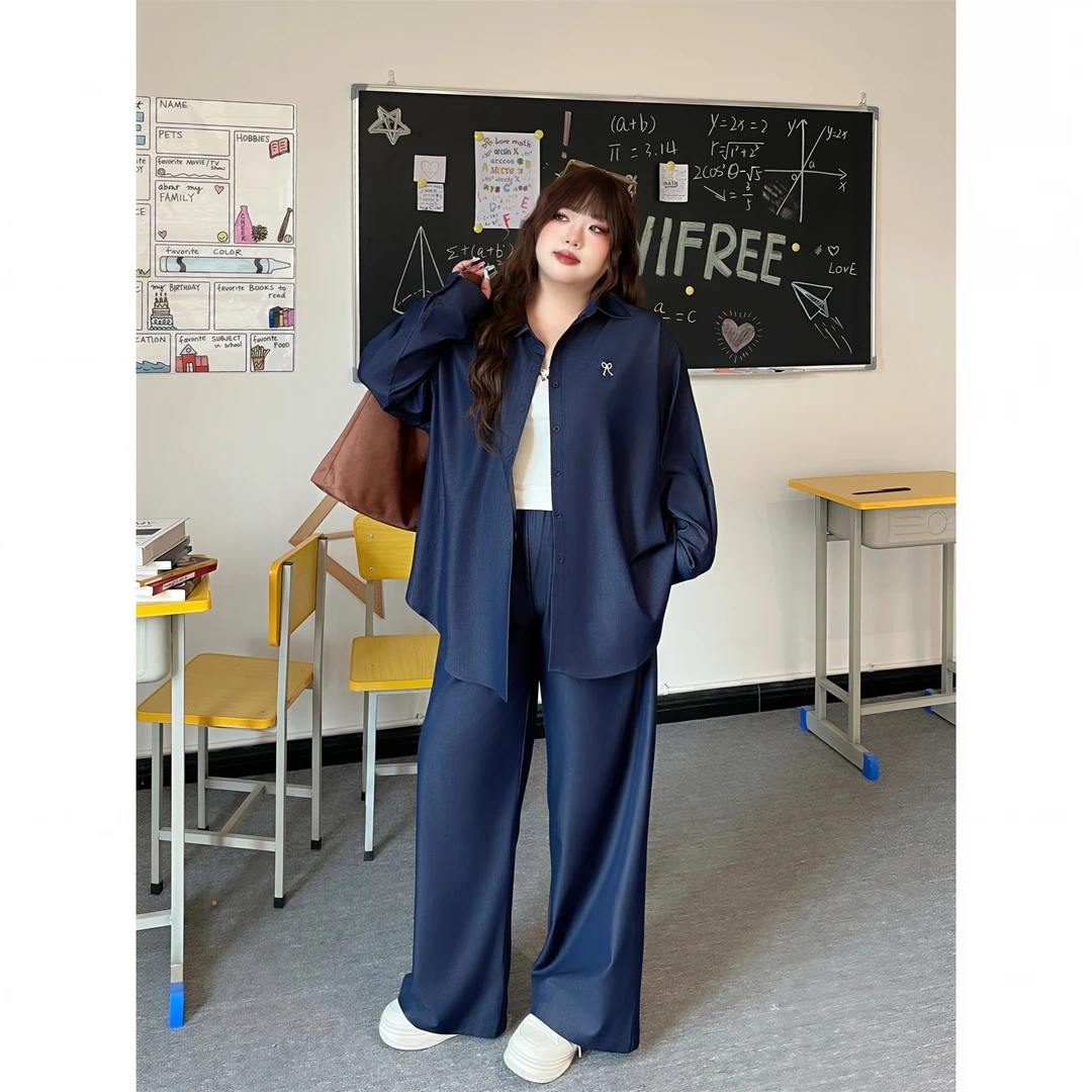 大码女装秋季花契200斤港风仿天丝牛仔衬衫拖地阔腿裤套装15750-C