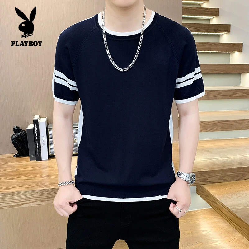 花花公子夏季新款男士针织短袖T恤百搭休闲半袖上衣修身痞帅