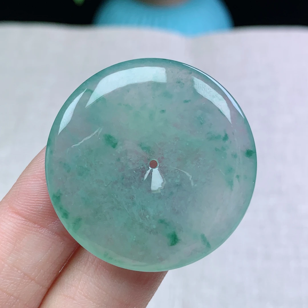 l缅甸天然翡翠A货36.3-5.7玉石冰种飘花平安扣吊坠礼物冰透