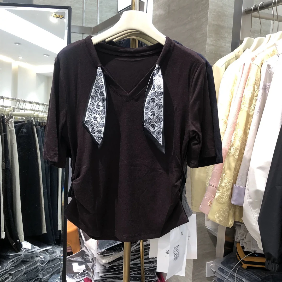 【OZZ—805】褶皱收腰V领短袖上衣T恤女2025早秋新款配丝巾