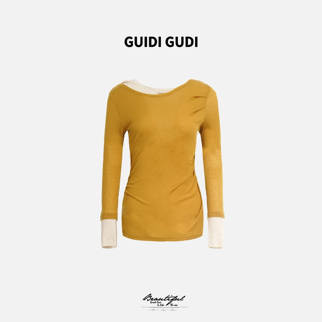 GUIDI GUDI【菠萝冰棒】时尚通勤长袖T恤 /黄加蓝