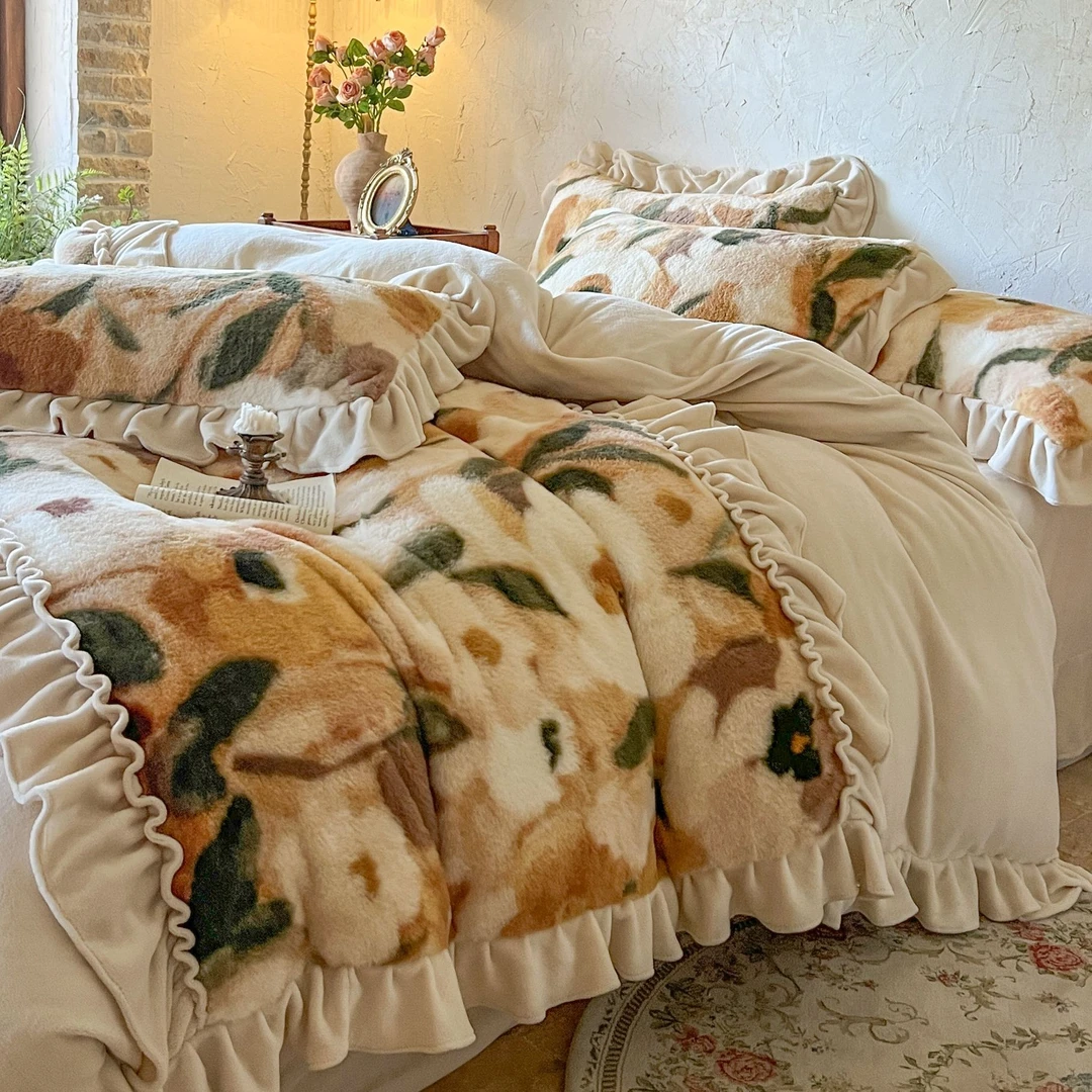 冬季法式加厚保暖牛奶绒床上四件套双面毛绒公主风被套珊瑚绒床单