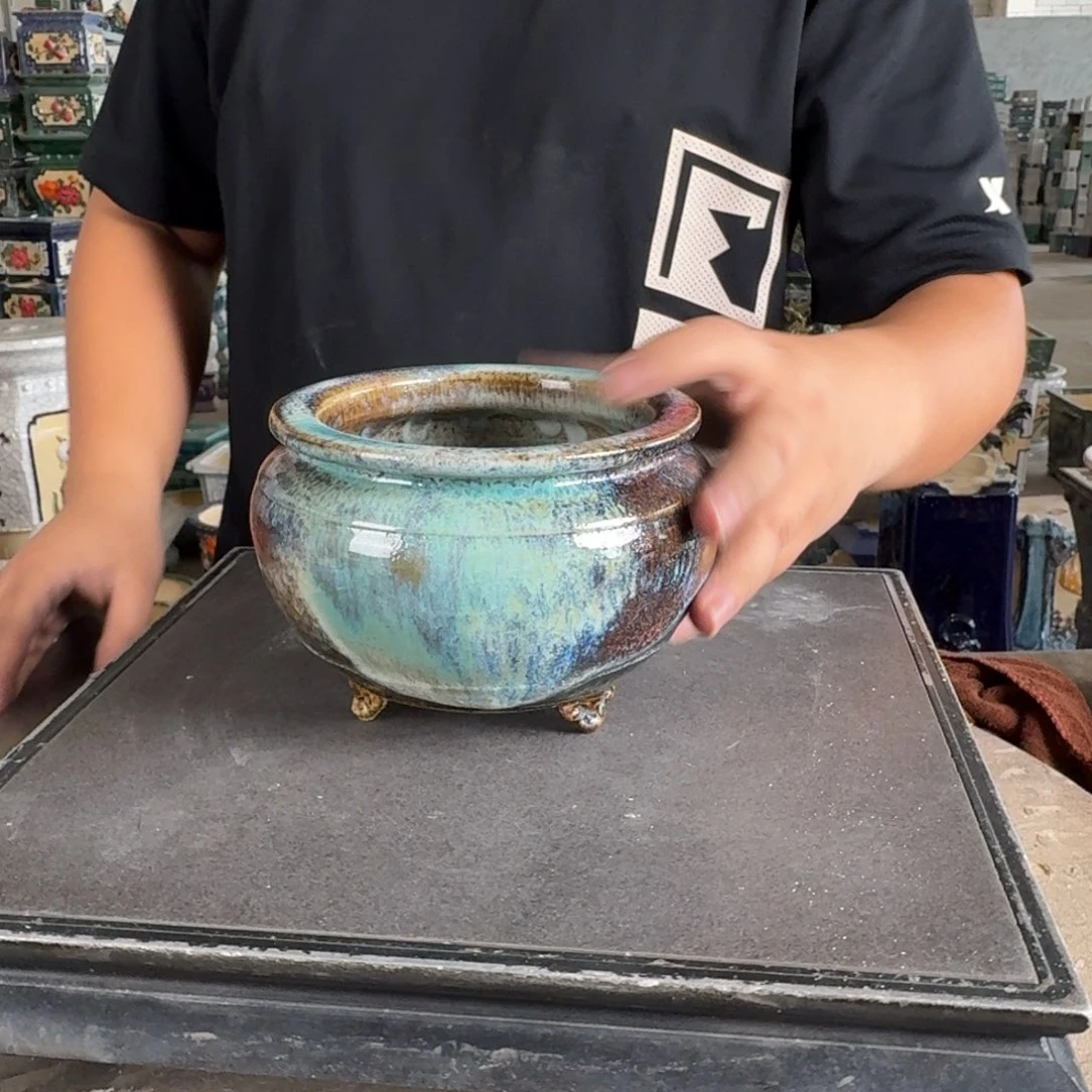 。一风堂石湾花盆 无孔 微瑕 烧猪皮 内10*8
