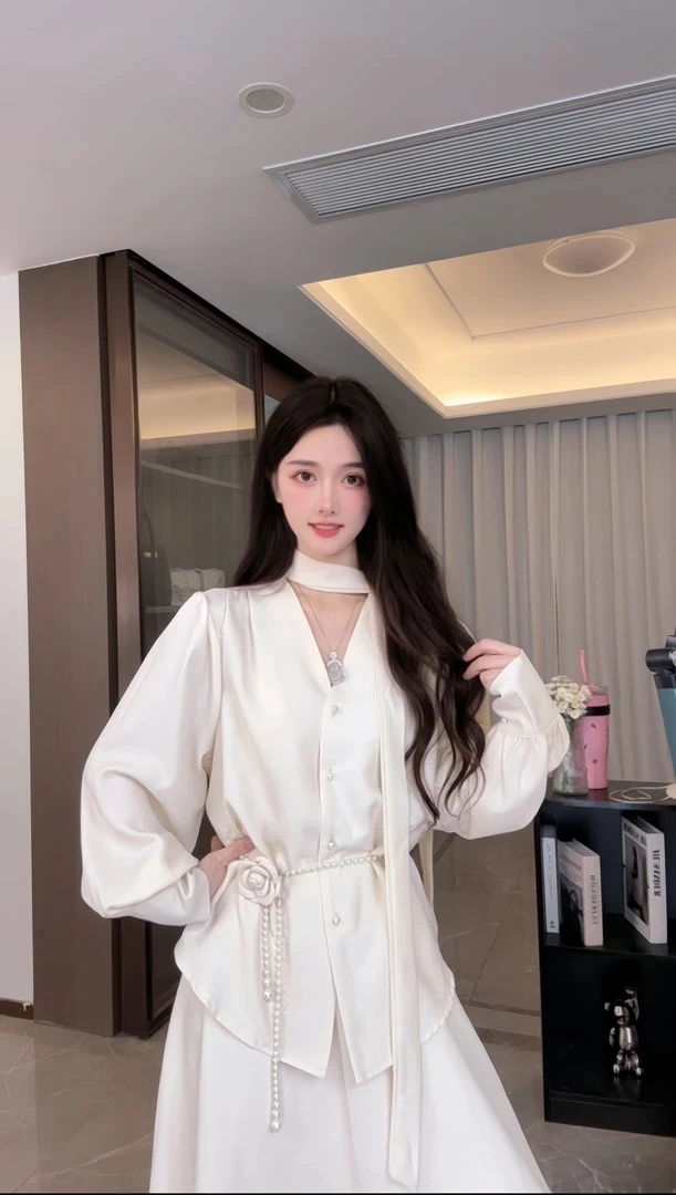 秋季2025超火一整套ootd穿搭蓝色V领衬衫半身裙韩风chic两件套装