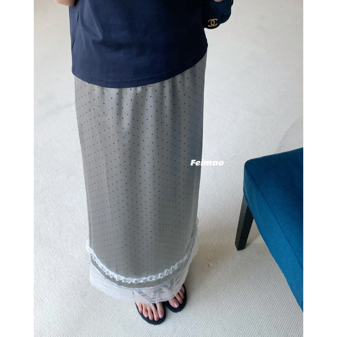 赵小小【优雅的低调】夏季减龄百搭波点蕾丝边半身裙短袖短袖26116