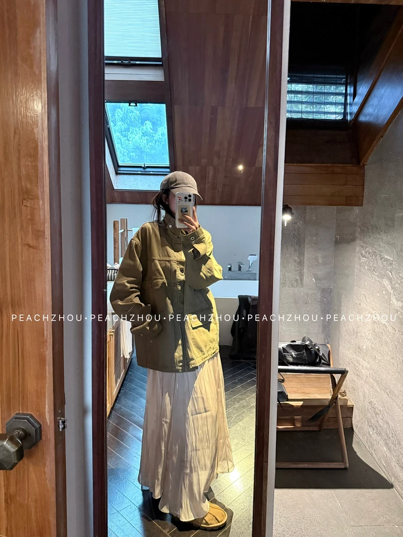 『PEACHZHOU』日系工装多口袋巴恩风复古休闲中性宽松立领牛仔外套