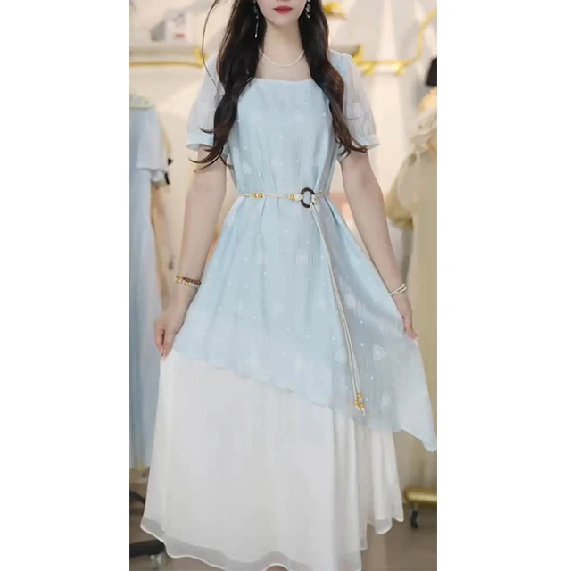 L5410夏季新法式温柔风拼接新款长裙设计感小众显瘦白月光连衣裙