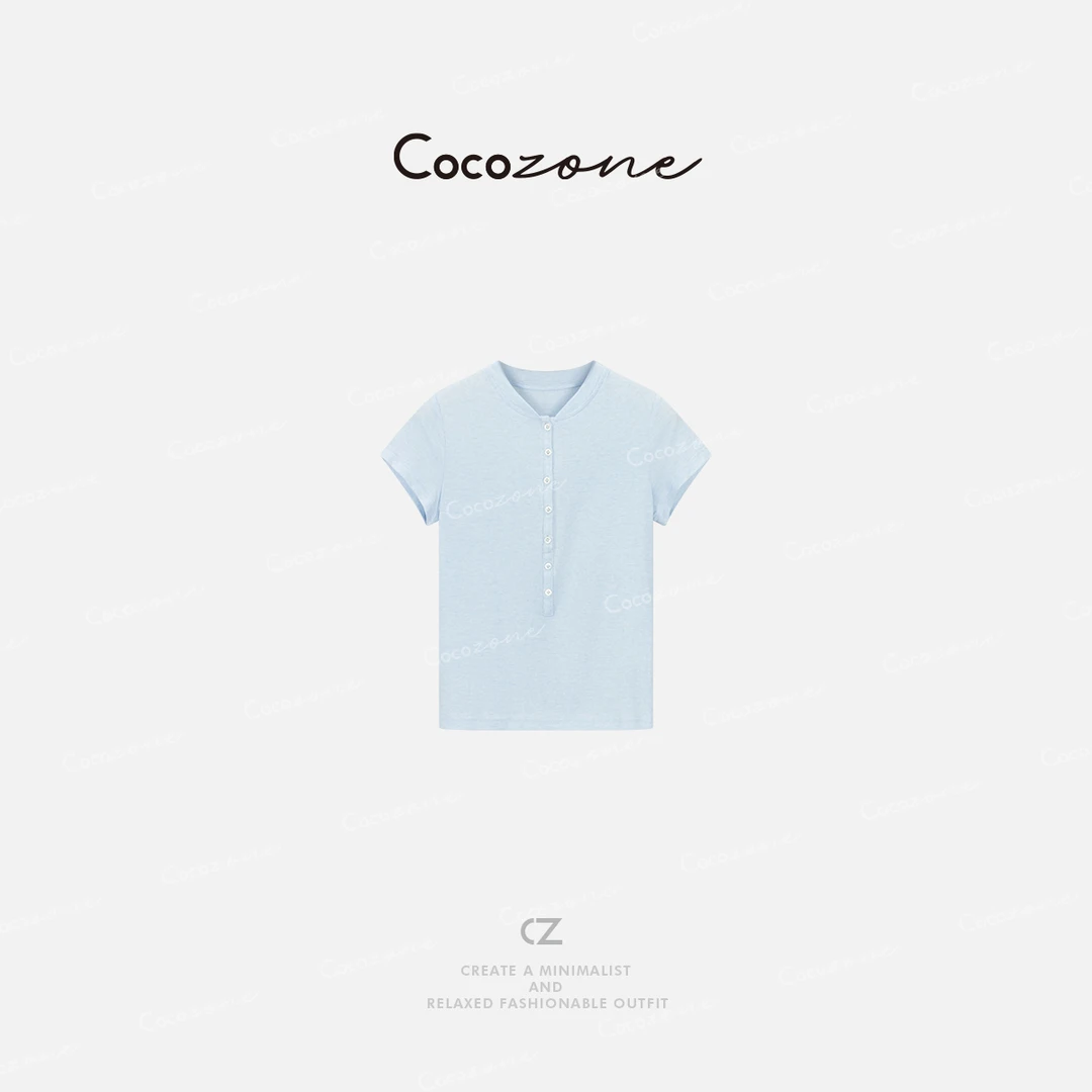 COCO ZONE 刘一一 莱塞尔绵羊毛混纺纯色立领休闲短袖T恤CD2A0566