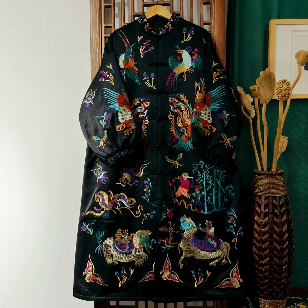 （LS118-14）凤徕兮私人定制黑色光板底彩图腾刺绣对襟盘扣棉服（棉）