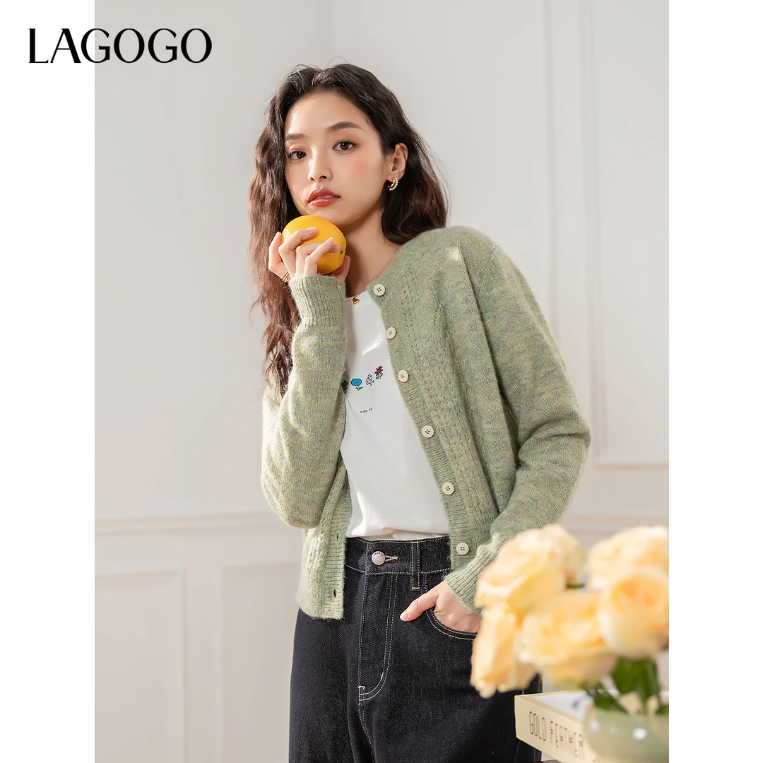 LAGOGO清新圆领镂空针织衫女拉谷谷2025春新款开衫外套OAMM831G08