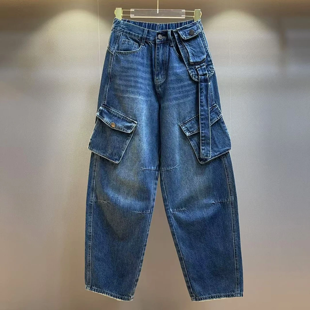 【NN+】美式做旧休闲百搭时尚摇滚风宽松松紧腰工装弯刀牛仔裤