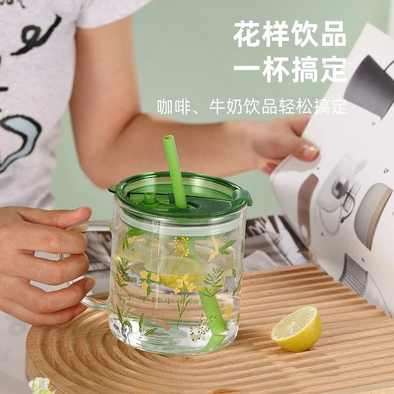 芬芳夏日高硼硅玻璃吸管大水杯700ml家用耐高温带把果汁牛奶杯