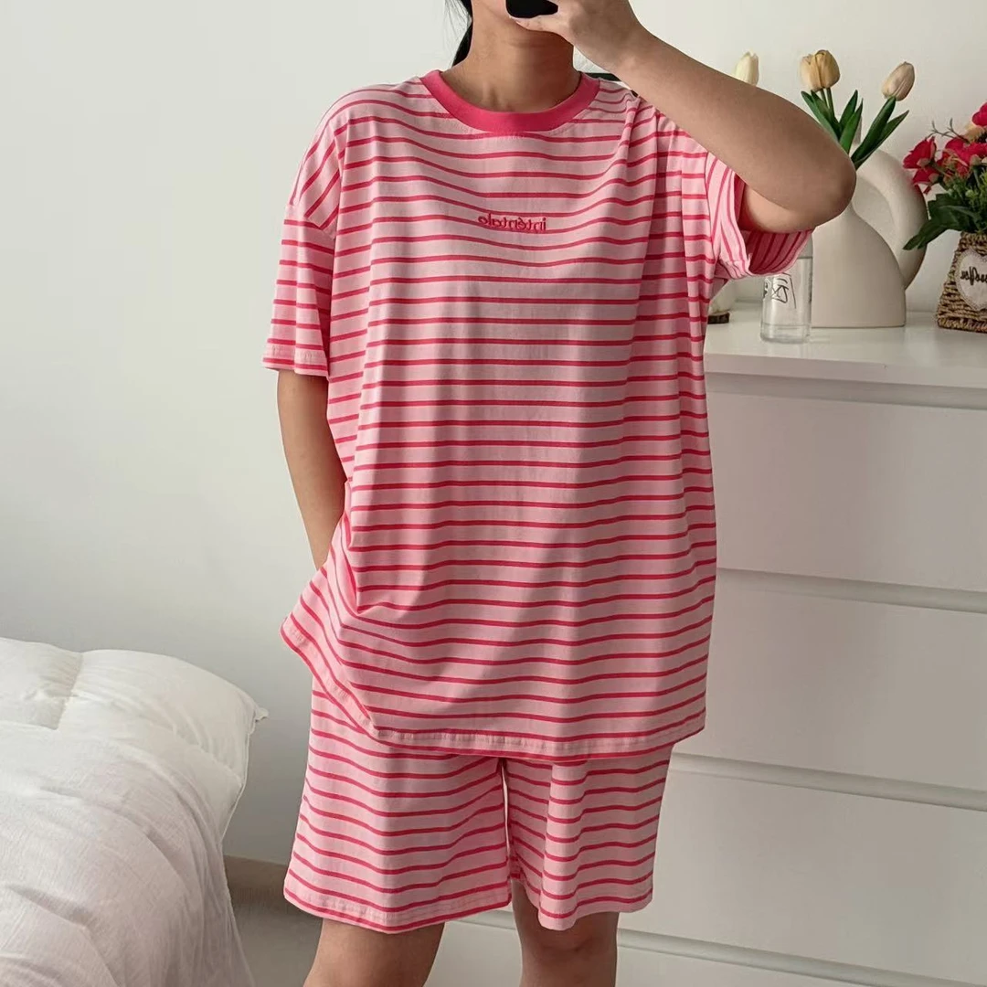 情侣新款夏季条纹短袖短裤时尚大气 韩版家居服圆领 两件套