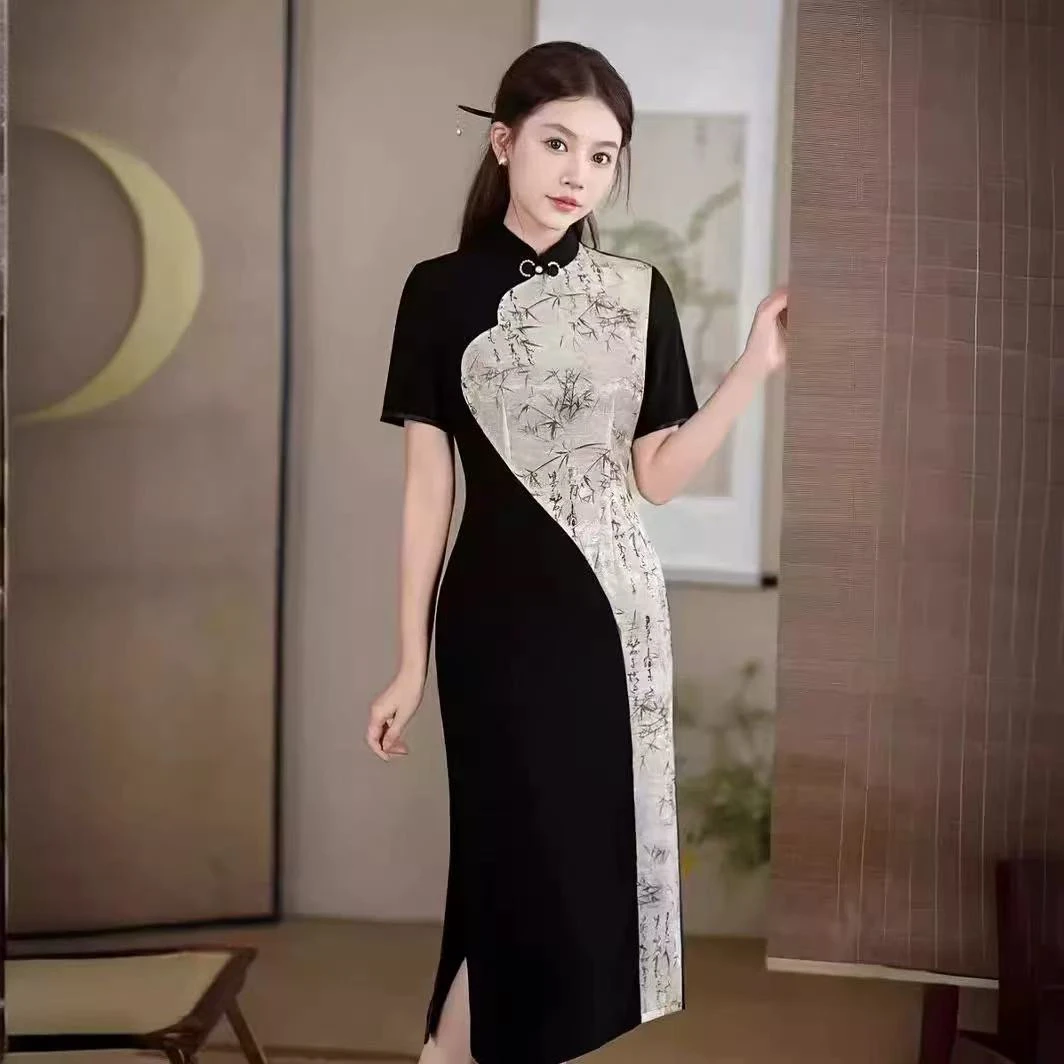 8893-新中式旗袍中国风年轻款端复古气质改良日常走秀演出长款