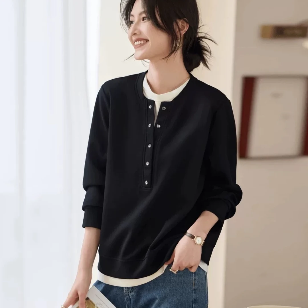 黑杏假两件卫衣   2025新款休闲时尚百搭大码女装上衣  5908#