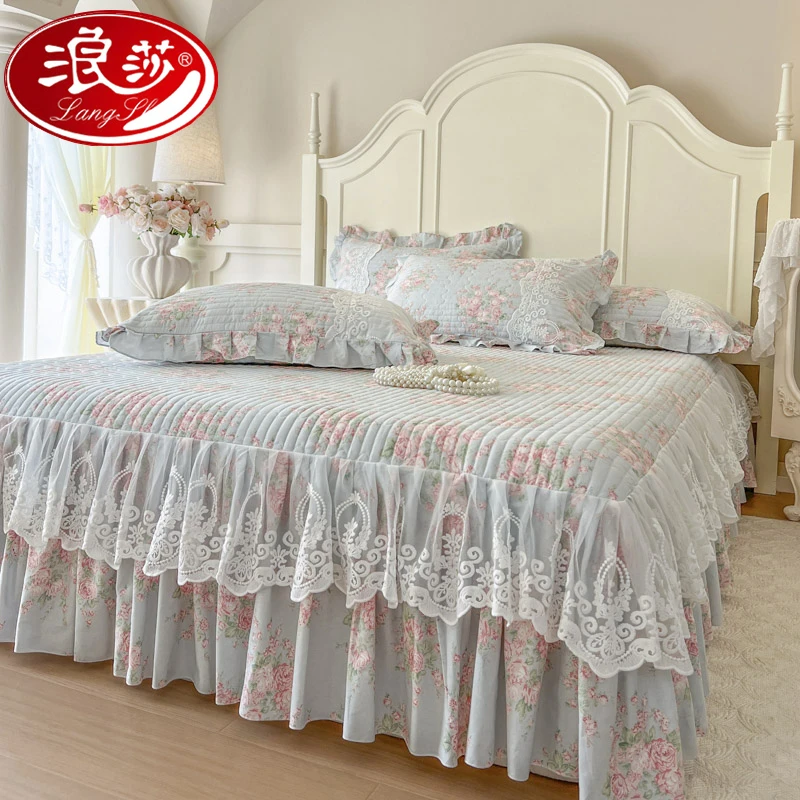 浪莎田园风小清新全棉蕾丝花边裙摆床裙单件纯棉可固定床罩三件套