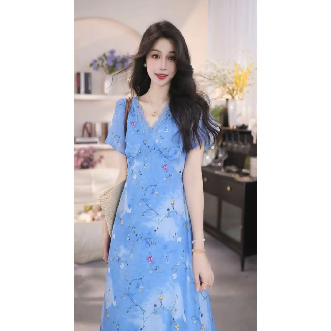 气质碎花小清新高级感扎染V领短袖连衣裙女显瘦夏季新款长裙1502